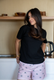 Women Summer Pajama set Black T-shirt + Rose Dog Short